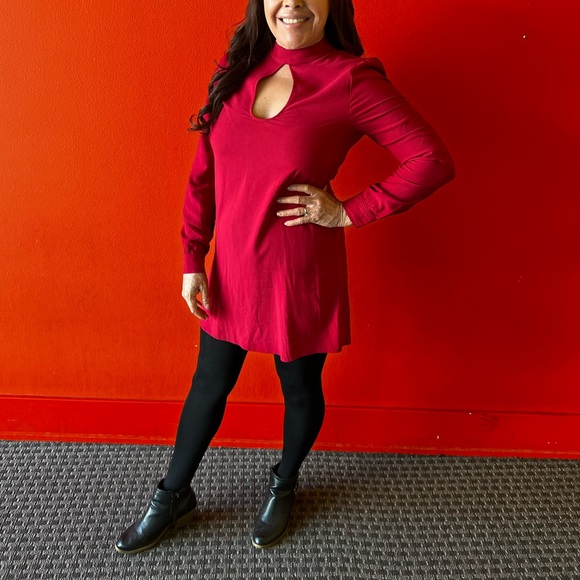 Y2K Express red long sleeve dress tear drop cut out choker neckline mini dress S - Picture 2 of 2